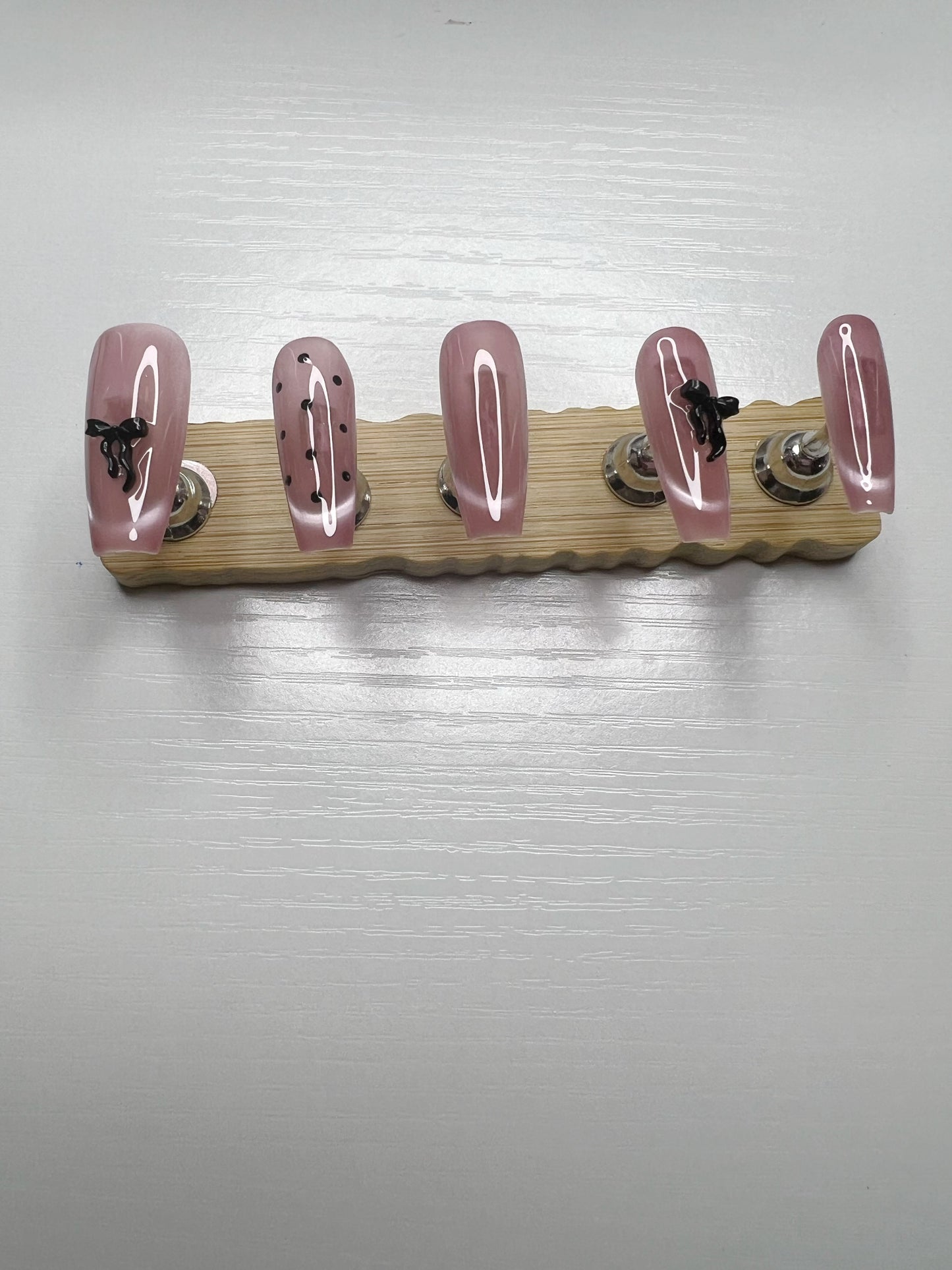 π
Handmade Press-On Nail Set | Cat Eye French with Black Bow & Polka Dots