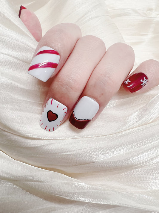 Christmas Press On Nails Red Snowflake Heart Candy Cane Nails