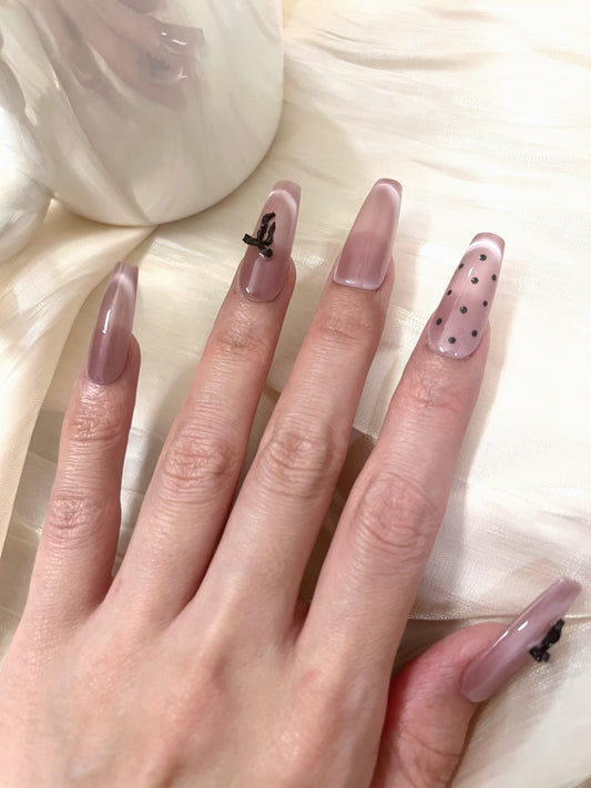 💅 Handmade Press-On Nail Set | Cat Eye French with Black Bow & Polka Dots
