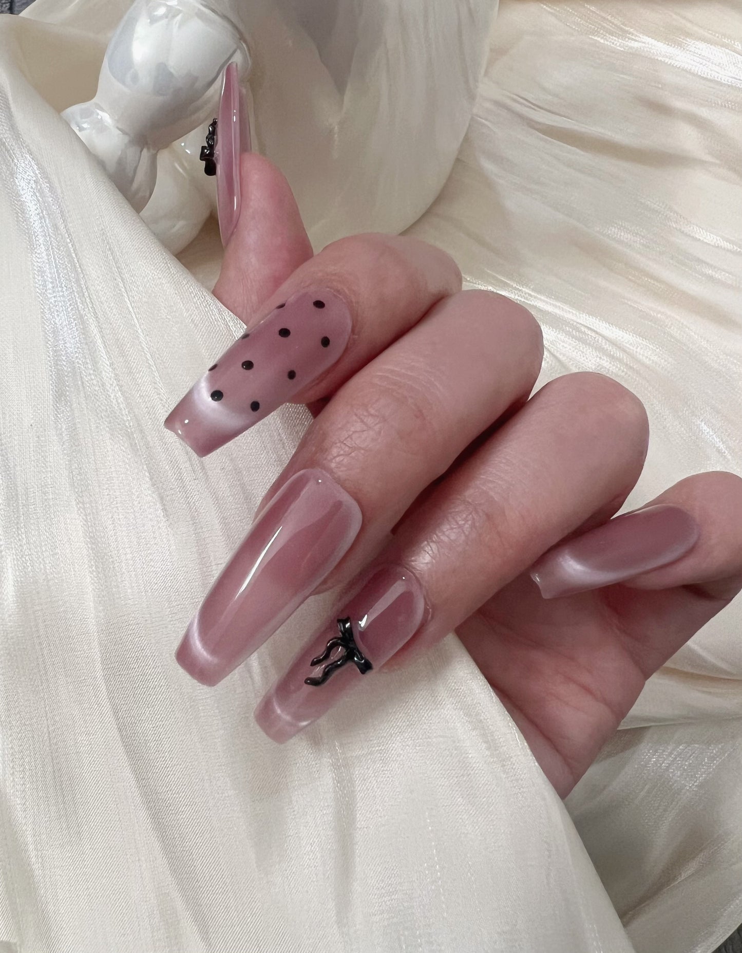 💅 Handmade Press-On Nail Set | Cat Eye French with Black Bow & Polka Dots