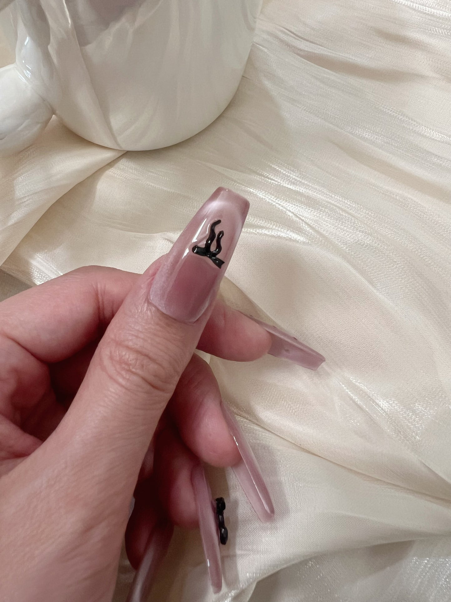 💅 Handmade Press-On Nail Set | Cat Eye French with Black Bow & Polka Dots