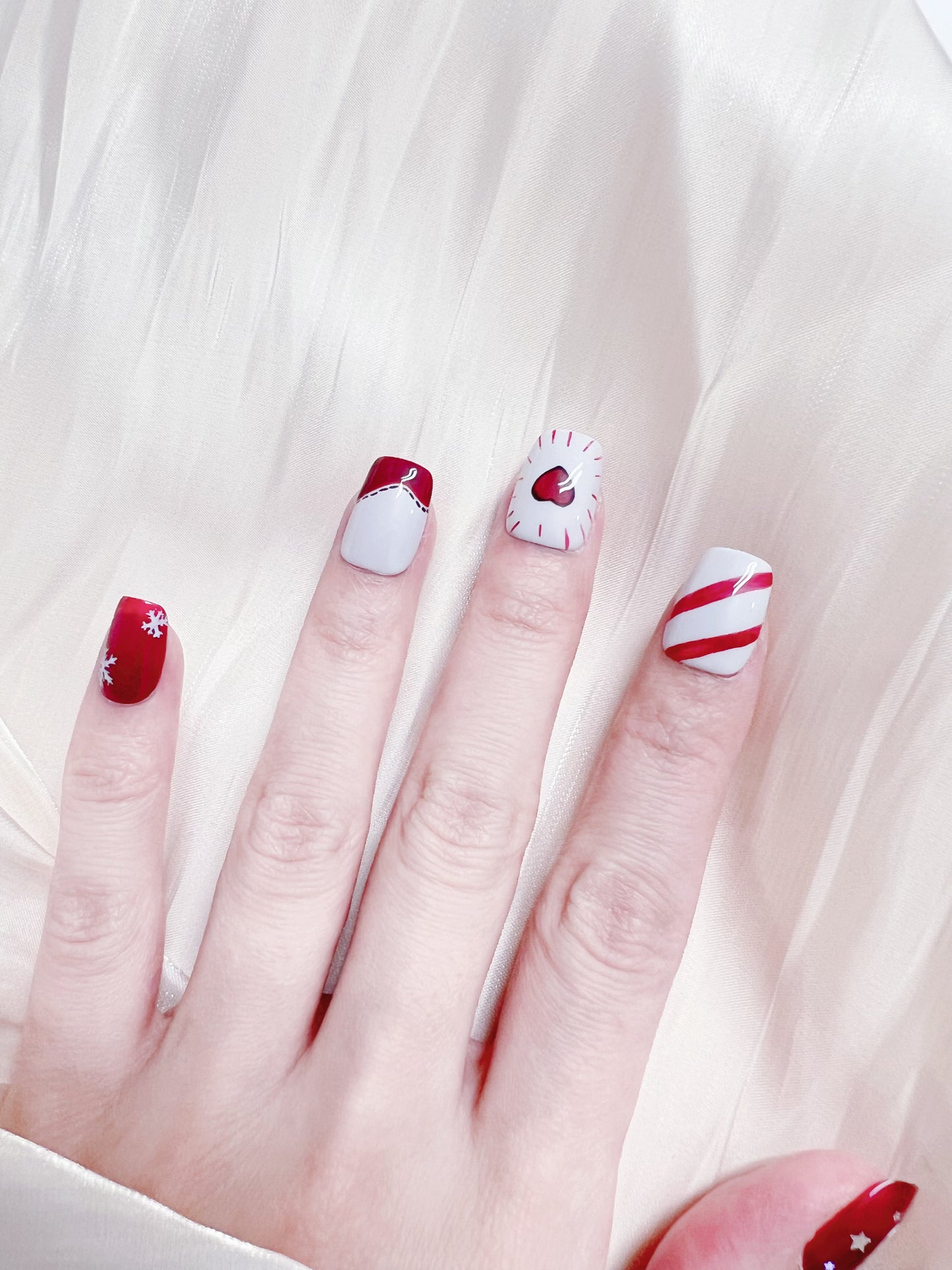 Christmas Press On Nails Red  Snowflake Heart Candy Cane Nails