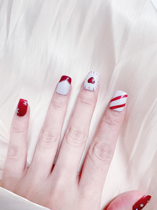Christmas Press On Nails Red  Snowflake Heart Candy Cane Nails