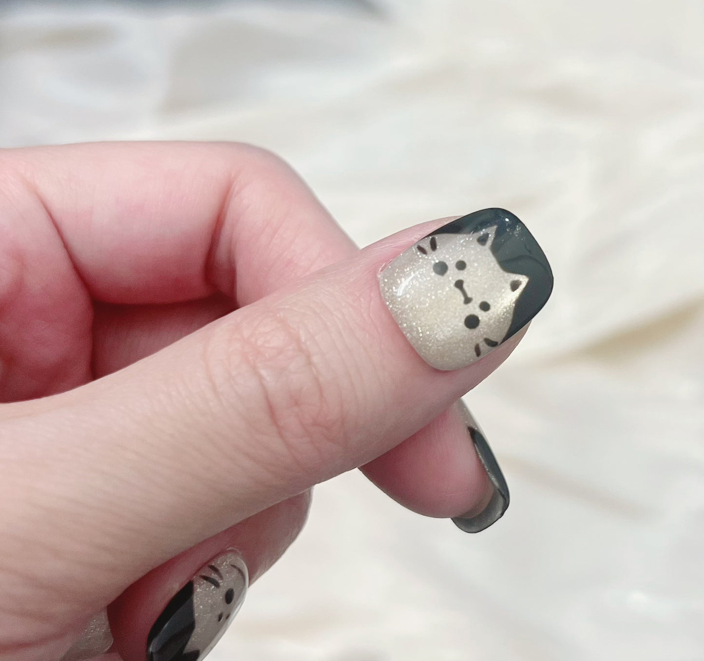 Cute Black Cat Press On Nails – Paw Print Nails, Cute Cat French Tips, Handmade Reusable Press-On Nails, Kawaii Cat Nails