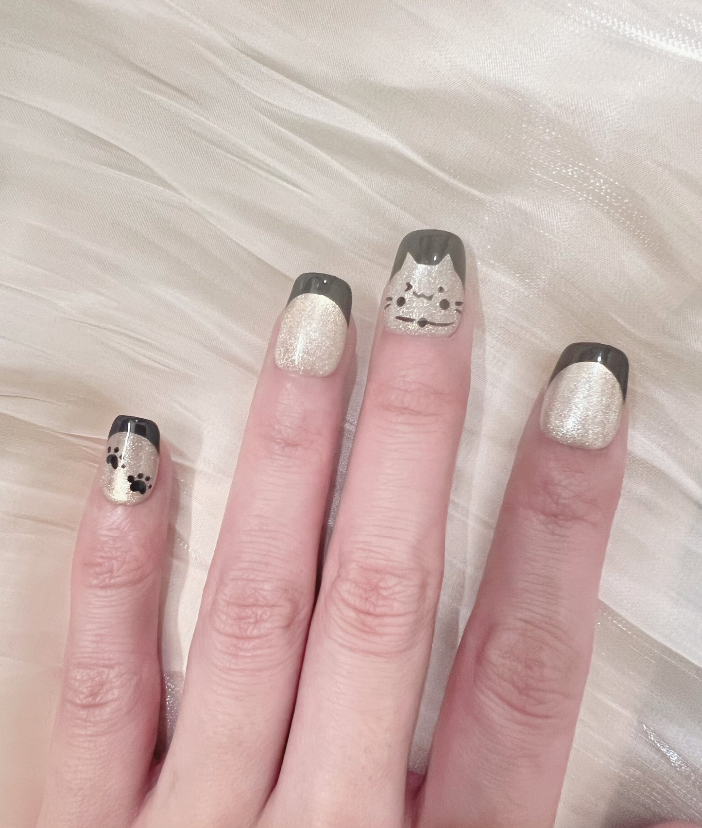 Cute Black Cat Press On Nails – Paw Print Nails, Cute Cat French Tips, Handmade Reusable Press-On Nails, Kawaii Cat Nails