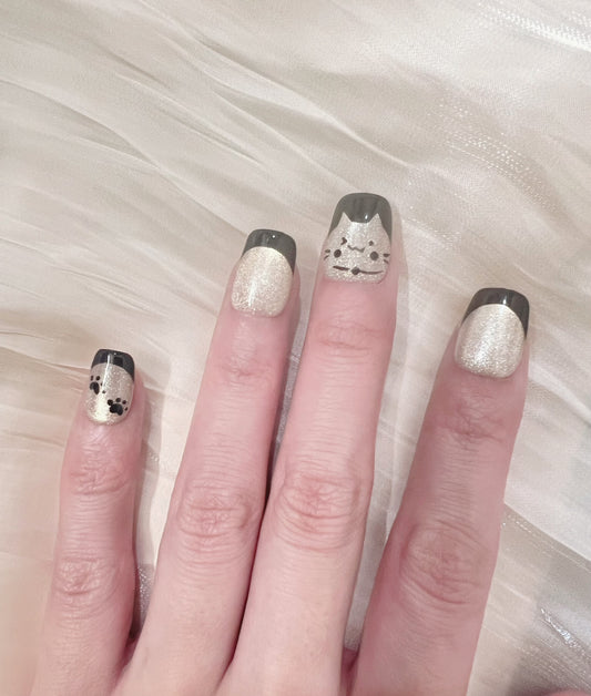 Cute Black Cat Press On Nails – Paw Print Nails, Cute Cat French Tips, Handmade Reusable Press-On Nails, Kawaii Cat Nails
