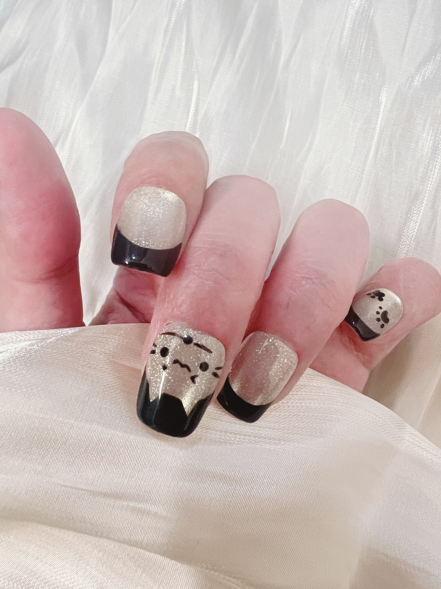 Cute Black Cat Press On Nails – Paw Print Nails, Cute Cat French Tips, Handmade Reusable Press-On Nails, Kawaii Cat Nails