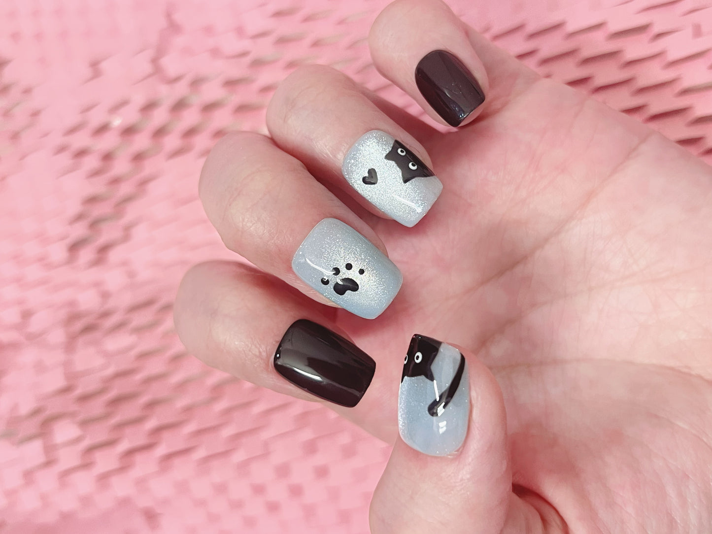Black Cat, Paw Print & Heart Design  blue cat eye gel base Cute Press-On Nails | Custom Sizes