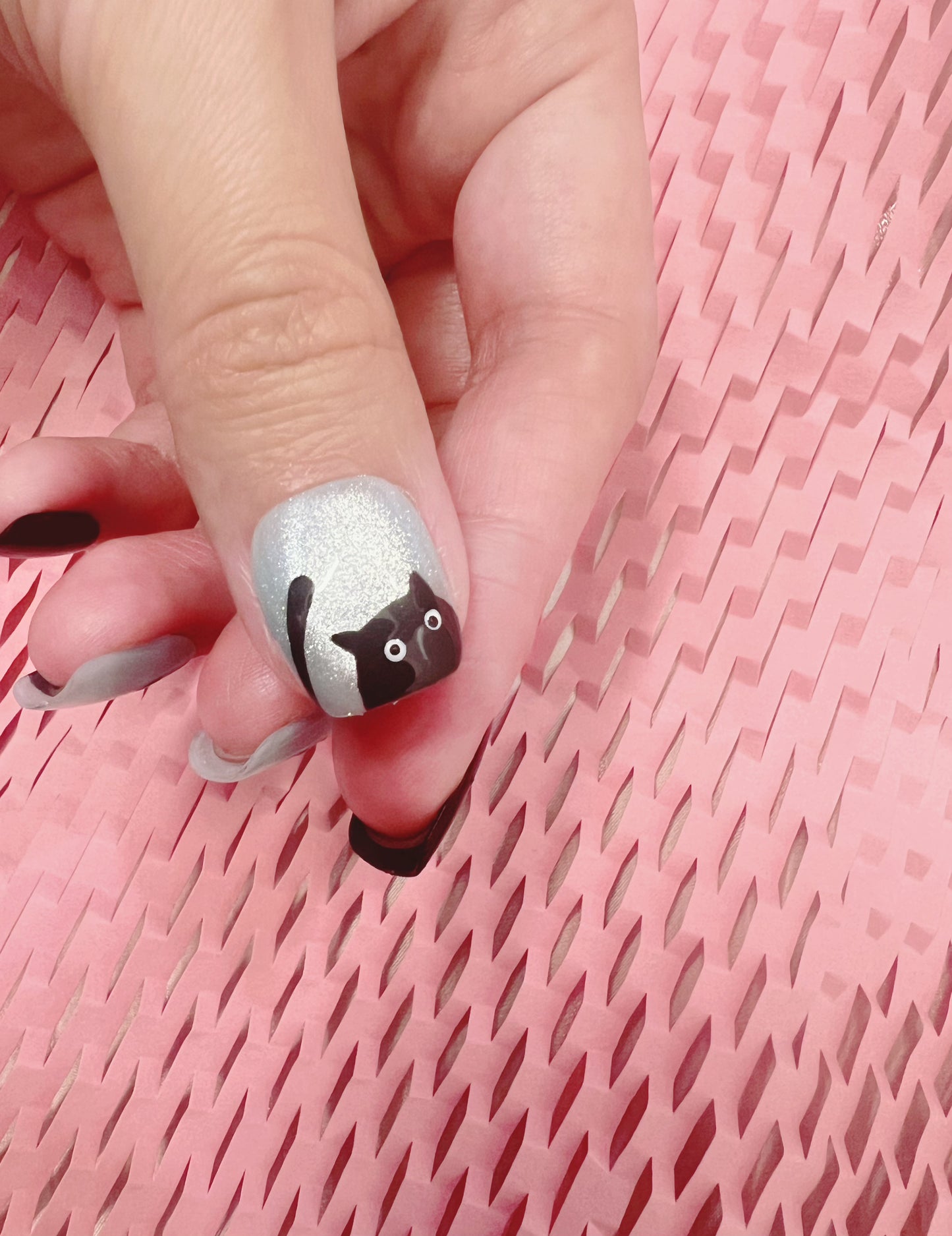 Black Cat, Paw Print & Heart Design  blue cat eye gel base Cute Press-On Nails | Custom Sizes