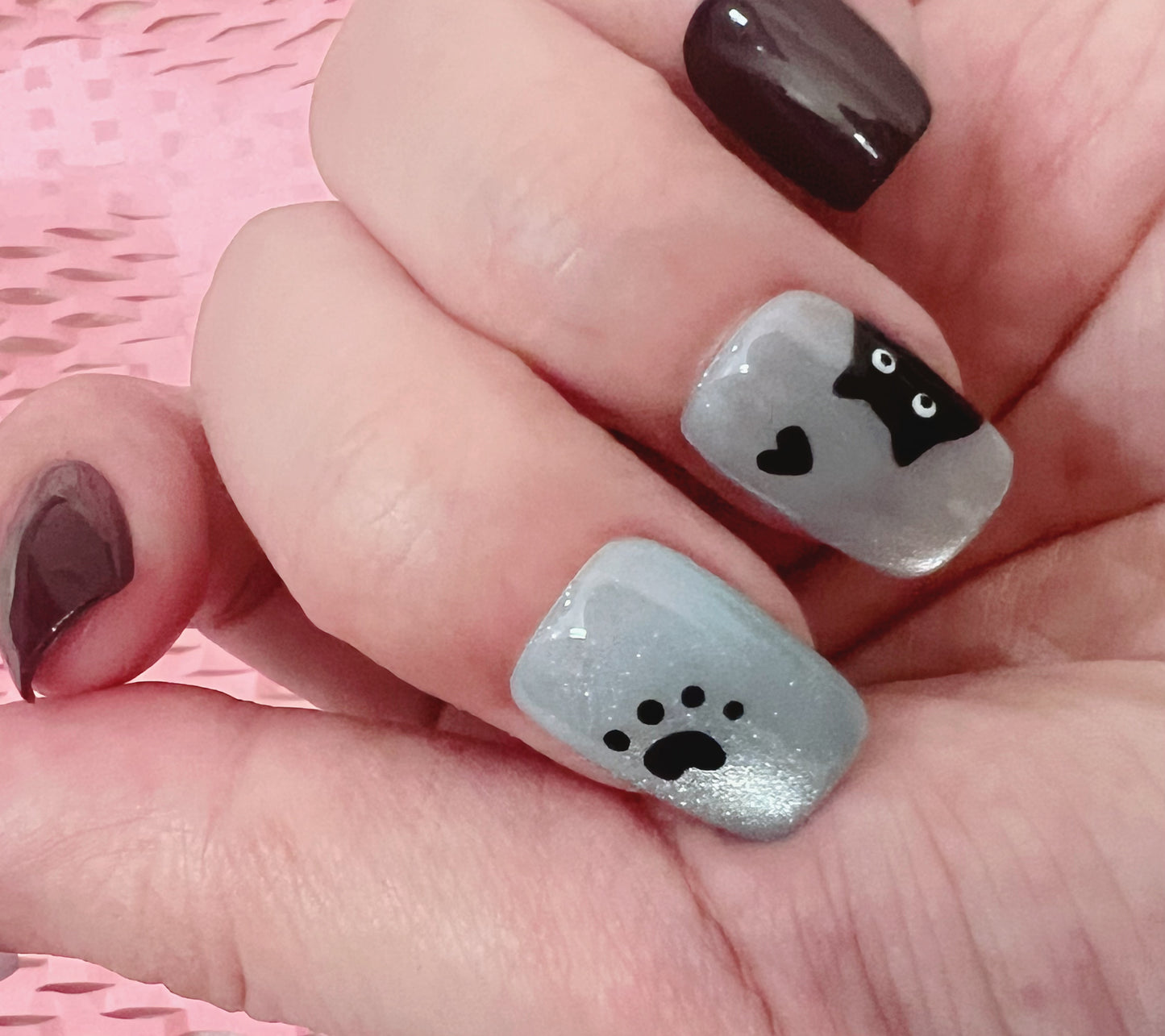 Black Cat, Paw Print & Heart Design  blue cat eye gel base Cute Press-On Nails | Custom Sizes