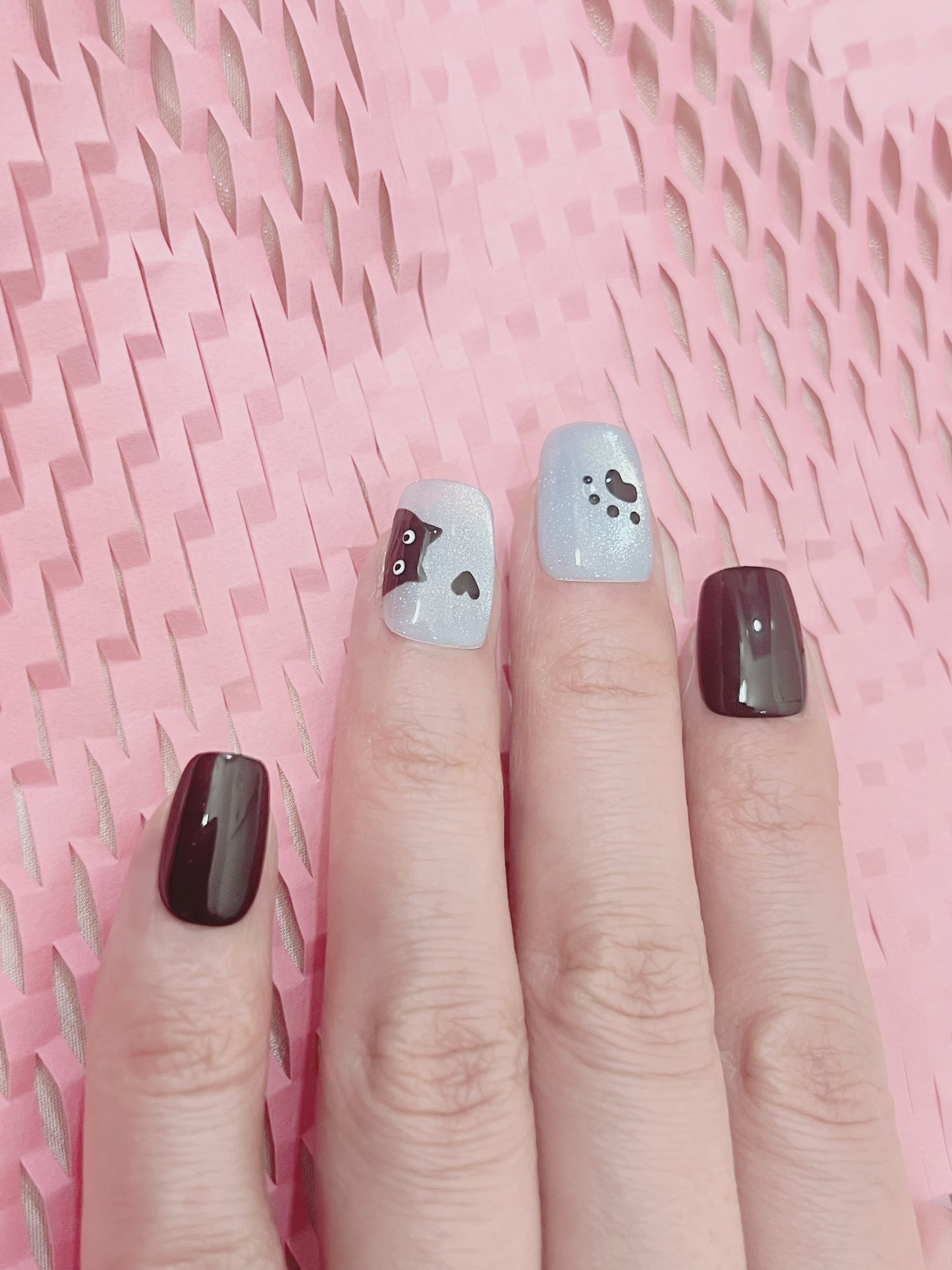 Black Cat, Paw Print & Heart Design  blue cat eye gel base Cute Press-On Nails | Custom Sizes